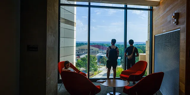Atmospheric science degree students looking out over campus under blue skies