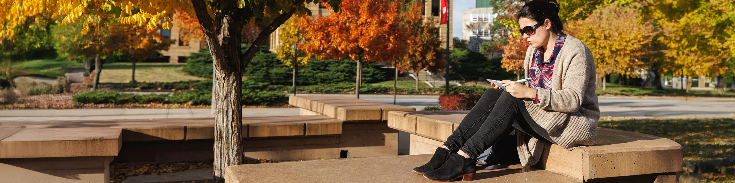 University of Kansas spanish degree student reviewing text on a beautiful fall day