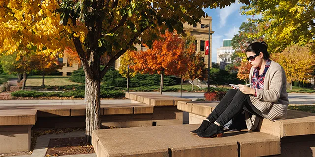 University of Kansas spanish degree student reviewing text on a beautiful fall day
